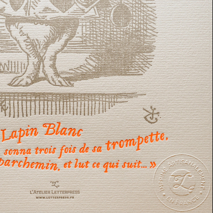 Letterpress Art Print White Rabbit with Trumpet - Alice in Wonderland
