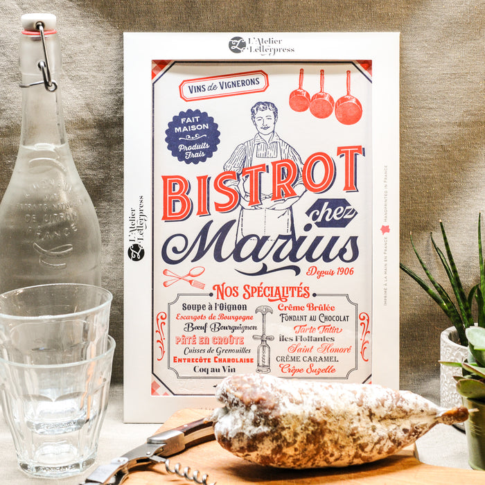 Affiche A4 Letterpress Bistrot chez Marius