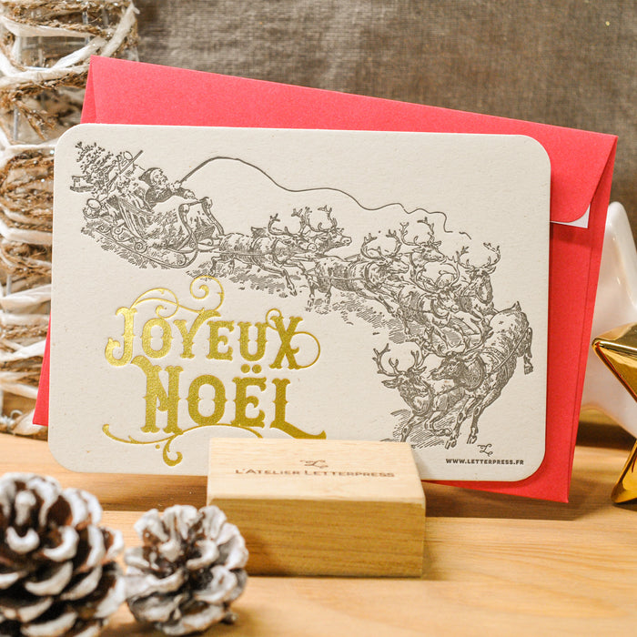 Carte de voeux Letterpress Joyeux Noël Traineau (avec enveloppe)