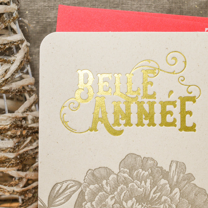 Carte de voeux Letterpress Belle Année Pivoine (avec enveloppe)