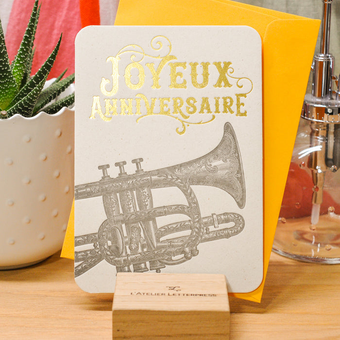 Letterpress Greeting Card Happy Birthday Trumpet (with envelope)