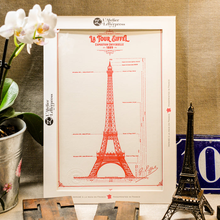 Affiche Letterpress Tour Eiffel rouge