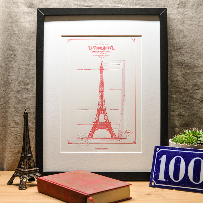 Letterpress Art print red Eiffel Tower