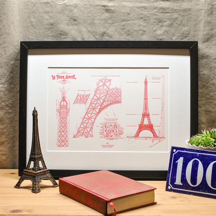 Letterpress Art Print red Eiffel Tower, details