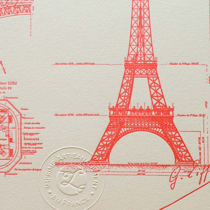 Letterpress Art Print red Eiffel Tower, details