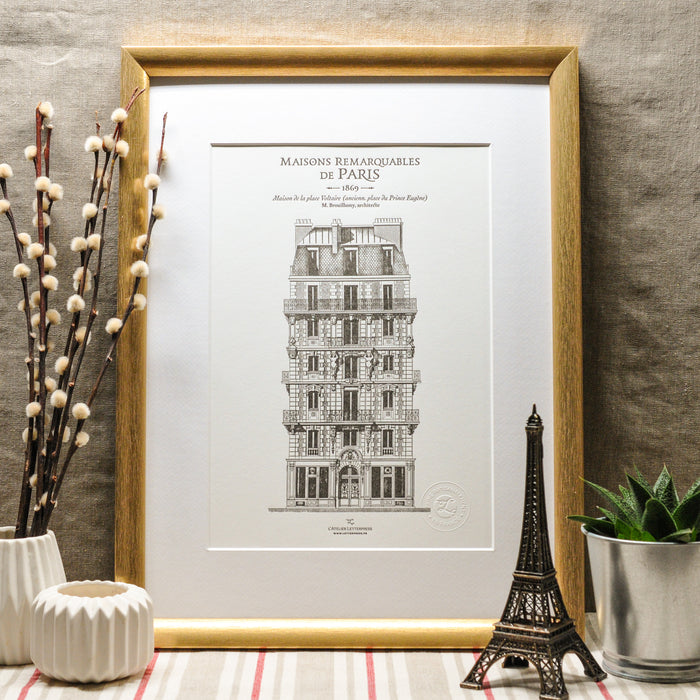 Letterpress Art Print Parisian Building Place Voltaire