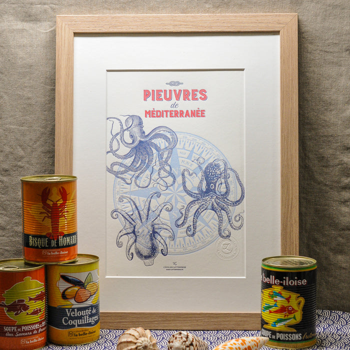 Letterpress Art Print Mediterranean Octopuses