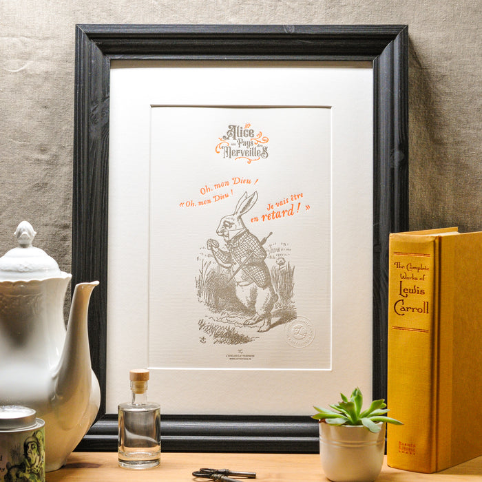 Letterpress Art Print White Rabbit with a Watch - Alice in Wonderland