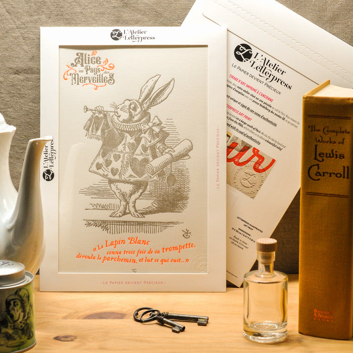 Letterpress Art Print White Rabbit with Trumpet - Alice in Wonderland