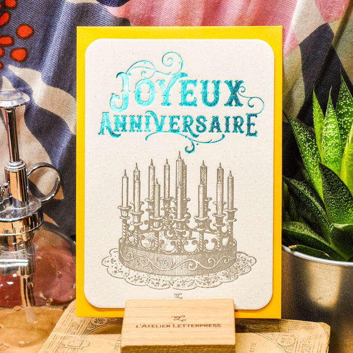 Letterpress Card Happy Birthday Cake, teal (with envelope)