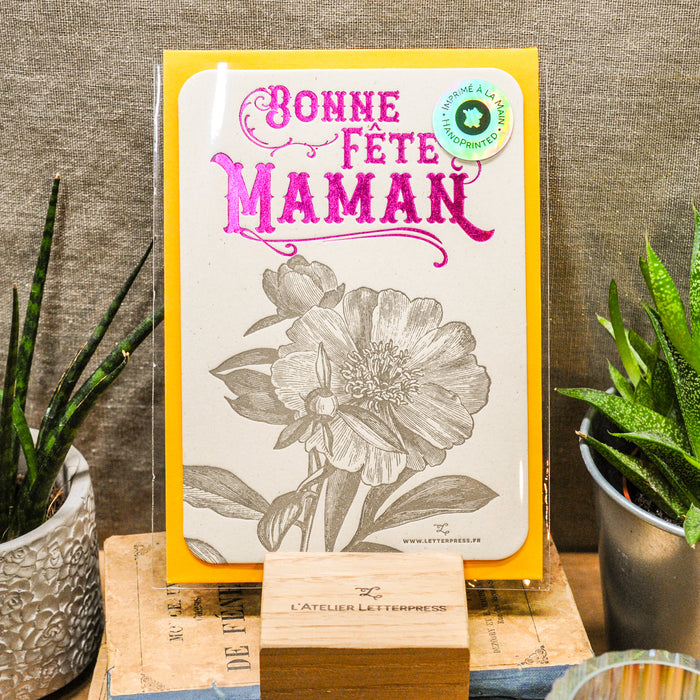 Carte Letterpress Camélia Bonne Fête Maman, rose (avec enveloppe)