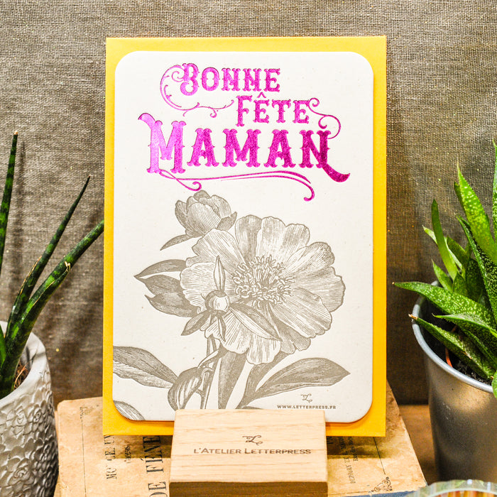Carte Letterpress Camélia Bonne Fête Maman, rose (avec enveloppe)