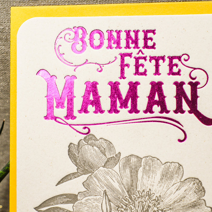 Carte Letterpress Camélia Bonne Fête Maman, rose (avec enveloppe)