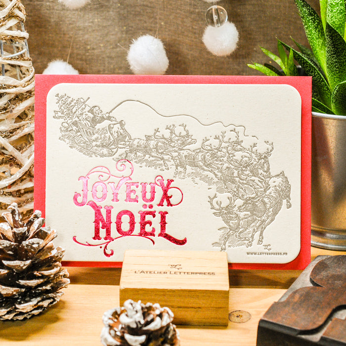 Letterpress Greeting Card Joyeux Noël Santa's sleigh, red (with envelope)