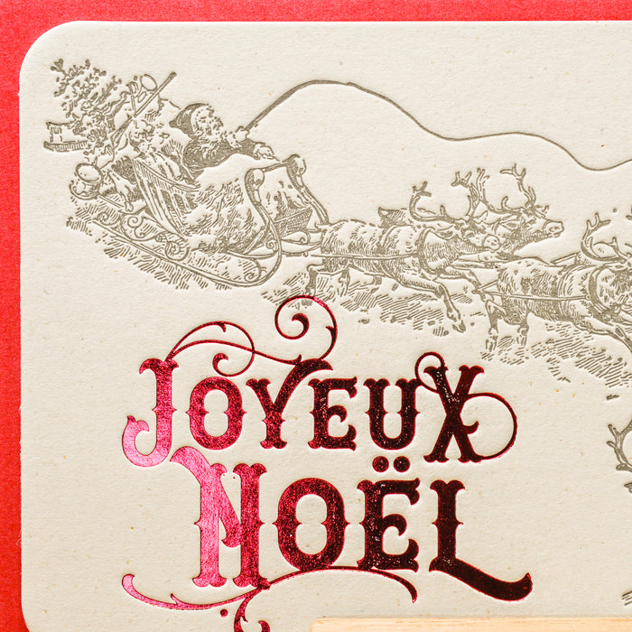 Letterpress Greeting Card Joyeux Noël Santa's sleigh, red (with envelope)