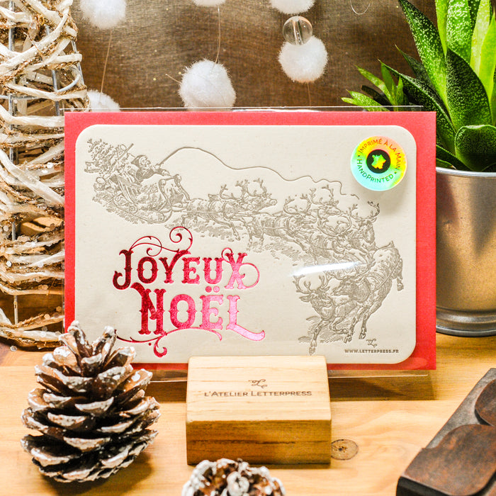 Letterpress Greeting Card Joyeux Noël Santa's sleigh, red (with envelope)