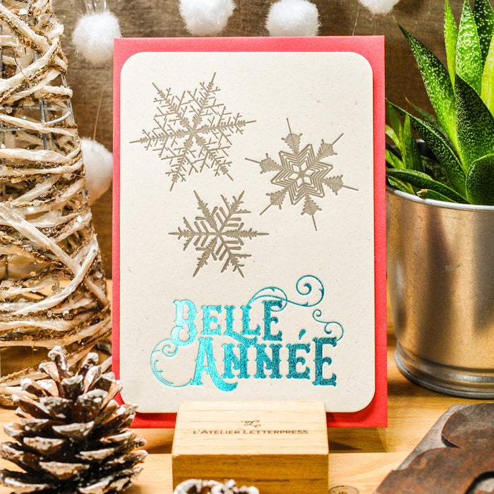 Letterpress Greeting Card Happy New Year Snowflakes, turquoise (with envelope)