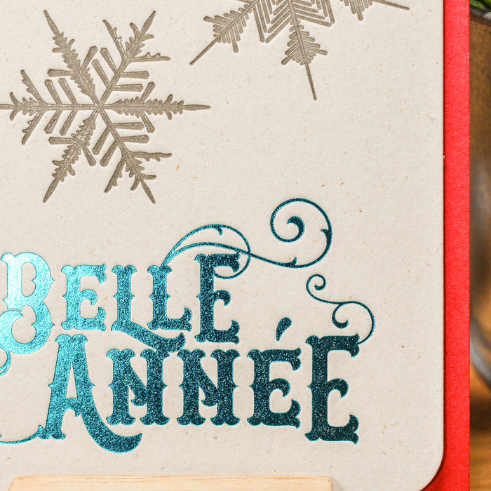 Letterpress Greeting Card Happy New Year Snowflakes, turquoise (with envelope)