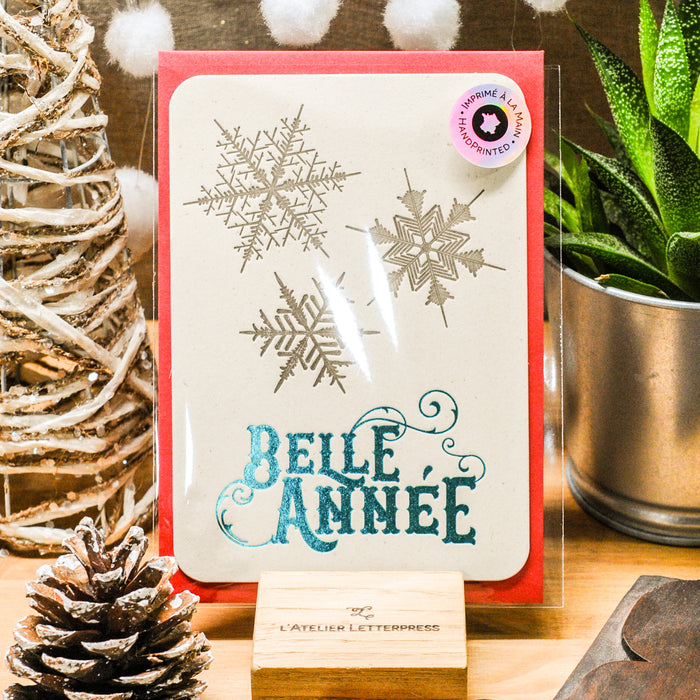 Letterpress Greeting Card Happy New Year Snowflakes, turquoise (with envelope)