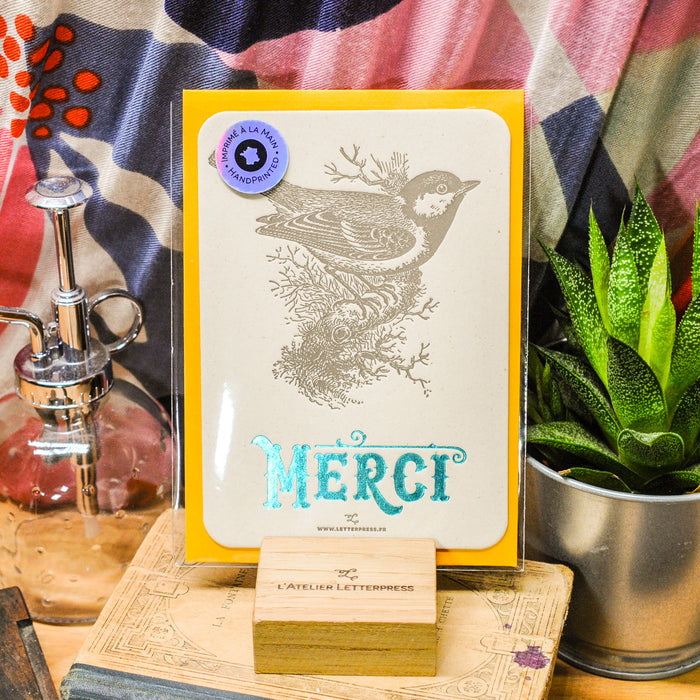 Carte Letterpress Merci Mésange, turquoise (avec enveloppe)