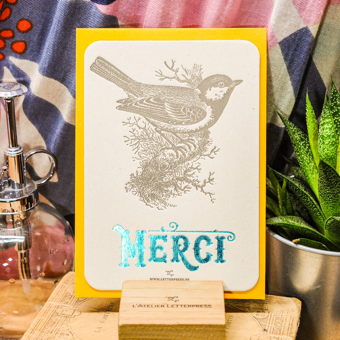 Carte Letterpress Merci Mésange, turquoise (avec enveloppe)