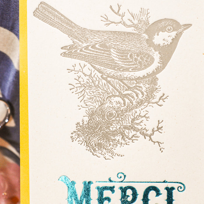 Carte Letterpress Merci Mésange, turquoise (avec enveloppe)