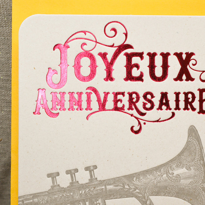 Carte Letterpress Joyeux Anniversaire Trompette, rouge (avec enveloppe)