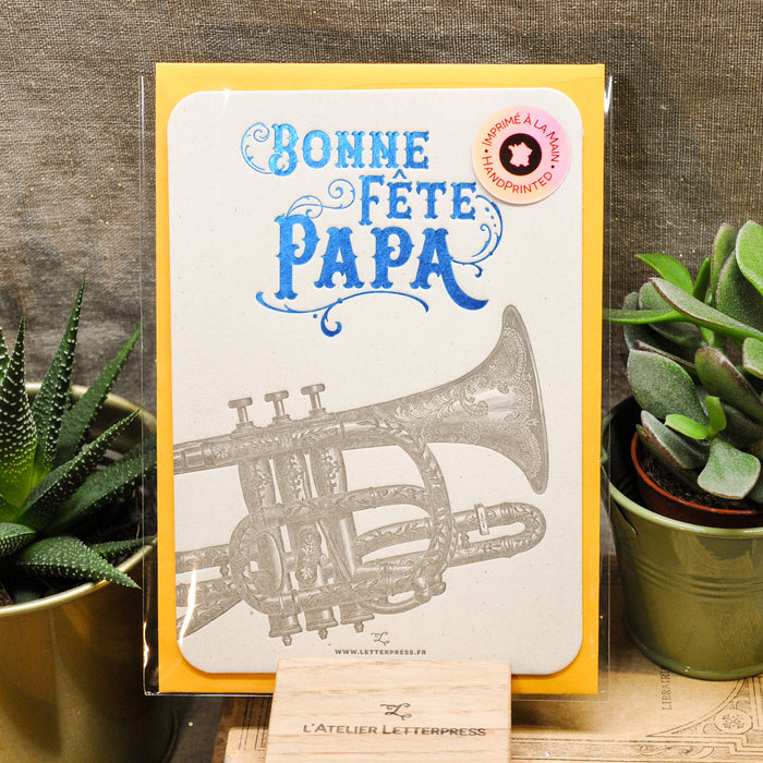 Carte Letterpress Bonne Fête Papa Trompette, bleue (avec enveloppe)