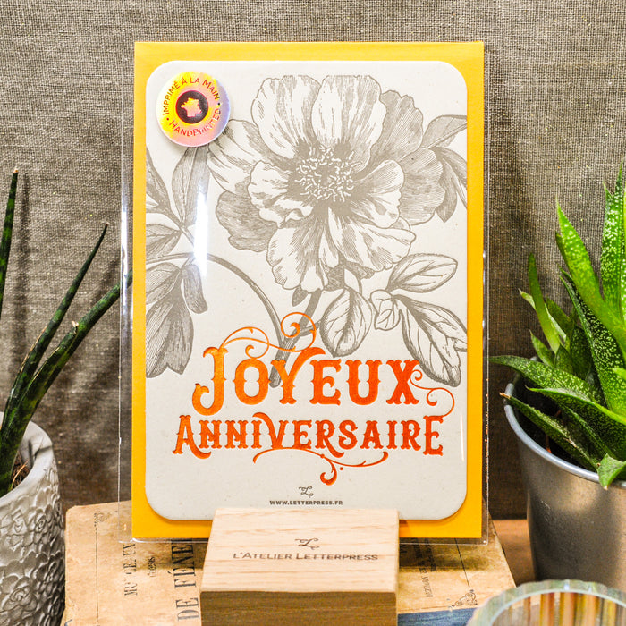 Letterpress Card Happy Birthday Wild Rose, orange (with envelope)