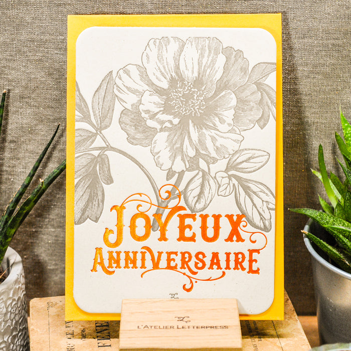 Letterpress Card Happy Birthday Wild Rose, orange (with envelope)