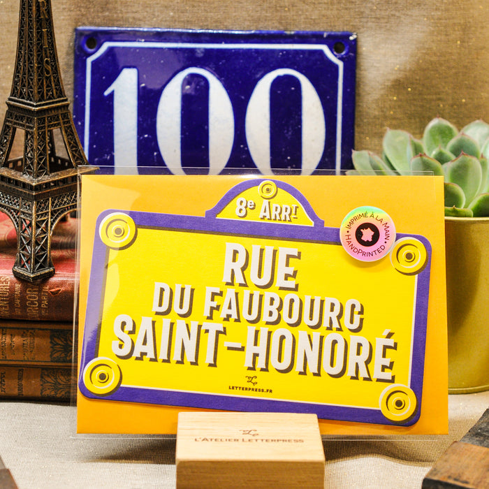 Carte Letterpress Plaque de Rue du Faubourg Saint Honoré