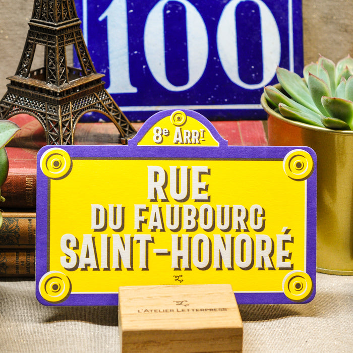 Carte Letterpress Plaque de Rue du Faubourg Saint Honoré