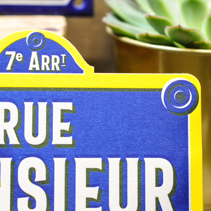 Carte Letterpress Plaque de Rue Monsieur (avec enveloppe)