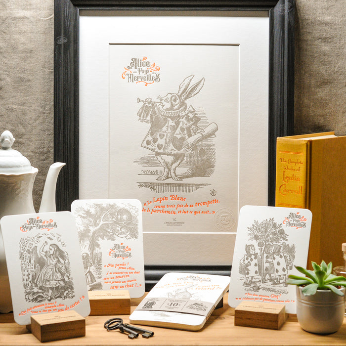 Letterpress Art Print White Rabbit with Trumpet - Alice in Wonderland