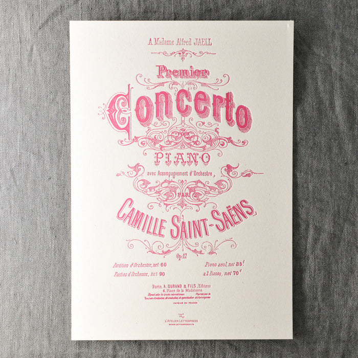 Letterpress Art Print Piano Concerto by Saint-Saëns