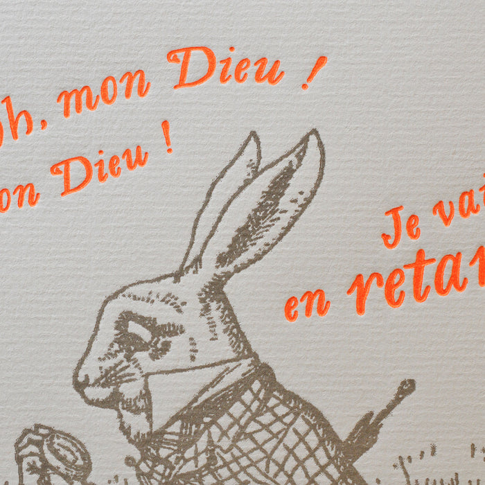 Letterpress Art Print White Rabbit with a Watch - Alice in Wonderland