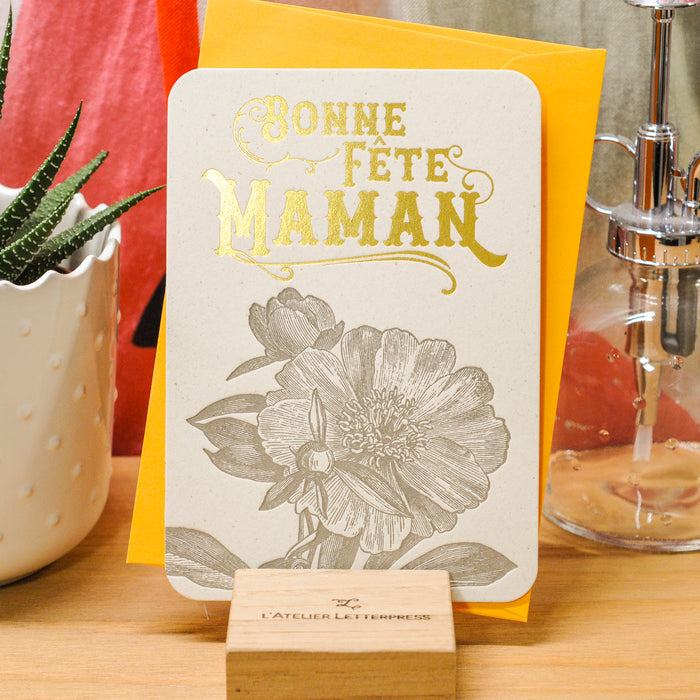 Carte Letterpress Camélia Bonne Fête Maman (avec enveloppe)