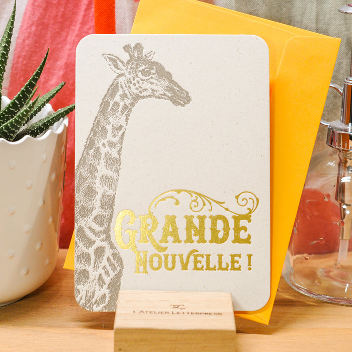 Carte Letterpress Girafe Grande Nouvelle (avec enveloppe)