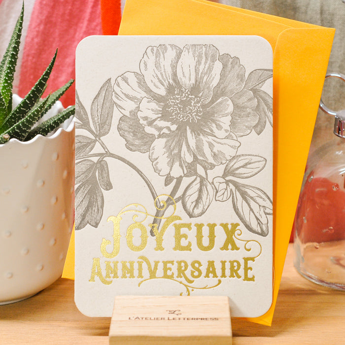 Carte Letterpress Joyeux Anniversaire Rose Sauvage (avec enveloppe)