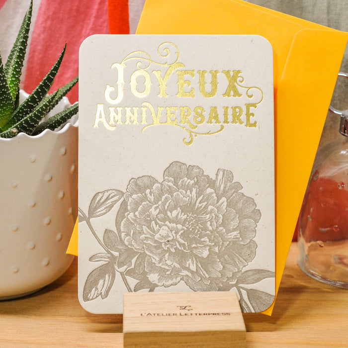 Carte Letterpress Joyeux Anniversaire Pivoine (avec enveloppe)