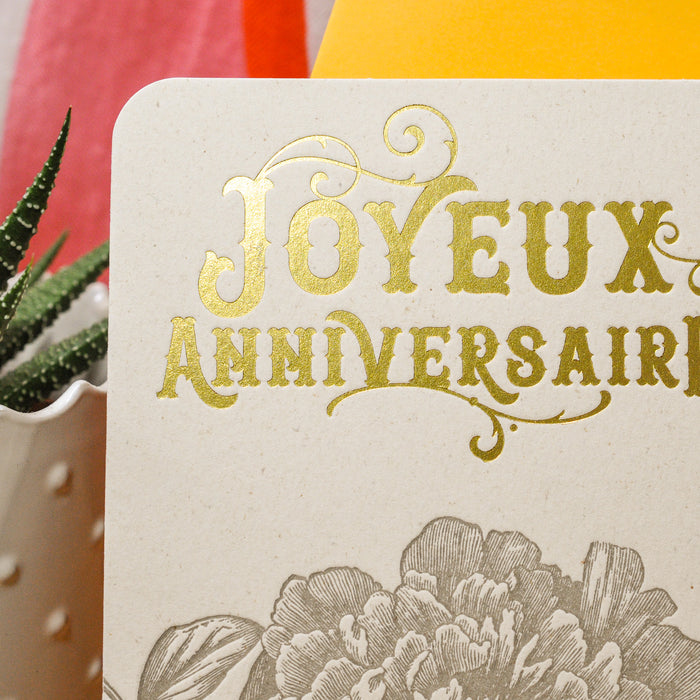 Carte Letterpress Joyeux Anniversaire Pivoine (avec enveloppe)