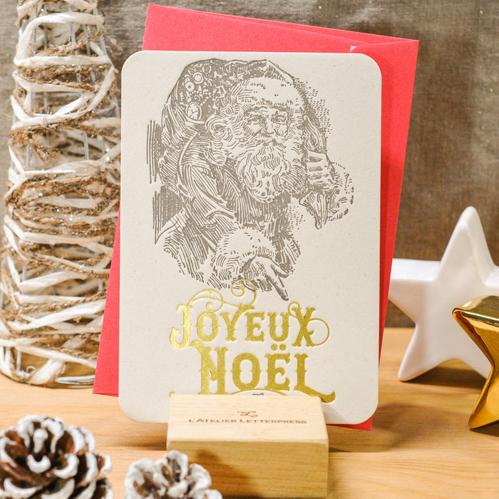 Letterpress Greeting Card Joyeux Noël Santa Claus (with envelope)