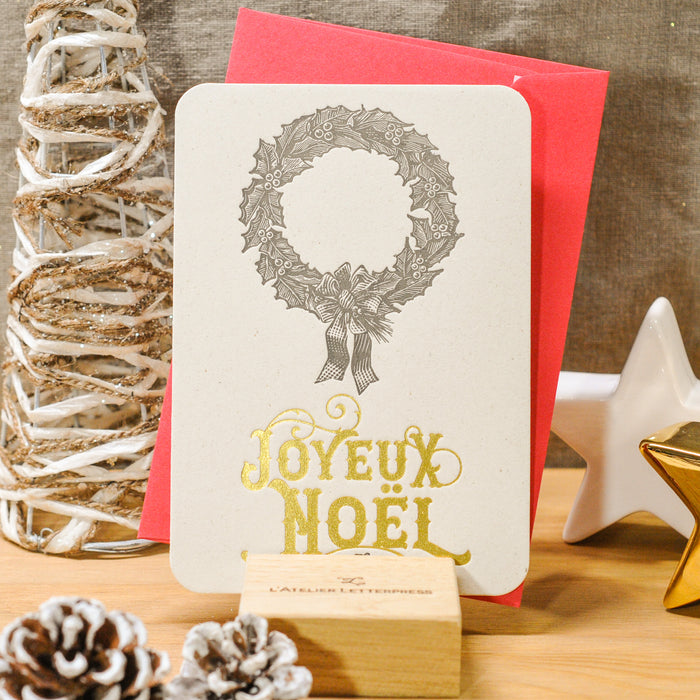 Letterpress Greeting Card Joyeux Noël Wreath (with envelope)