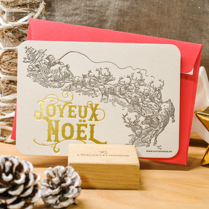 Letterpress Greeting Card Joyeux Noël Santa's sleigh (with envelope)