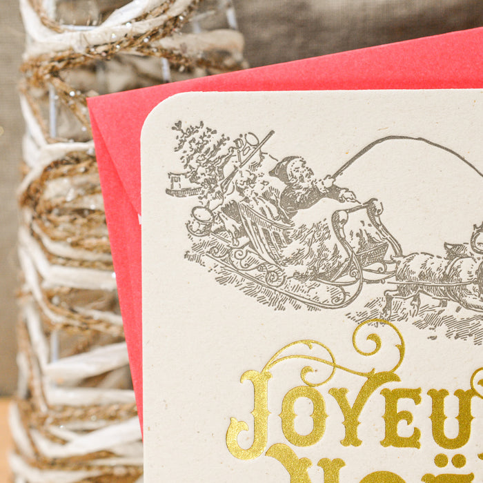 Letterpress Greeting Card Joyeux Noël Santa's sleigh (with envelope)