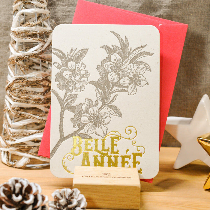 Carte de voeux Letterpress Belle Année Fleur de Pommier (avec enveloppe)