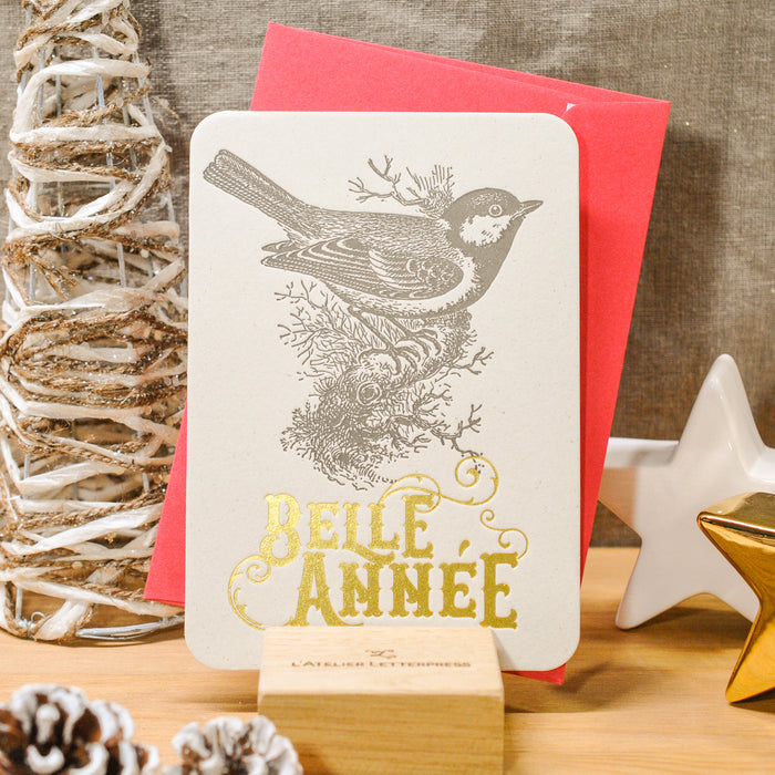 Carte de voeux Letterpress Belle Année Mésange (avec enveloppe)