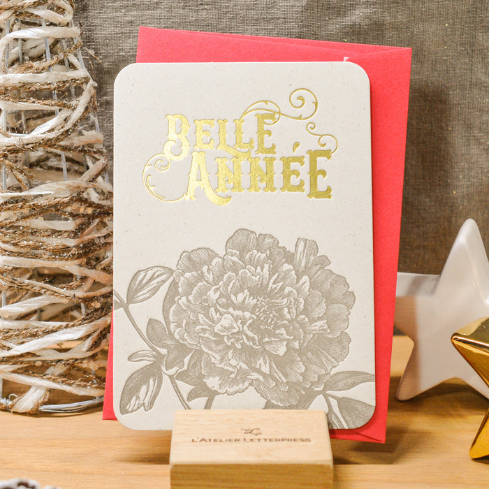 Letterpress Greeting Card Happy New Year Peony (with envelope)