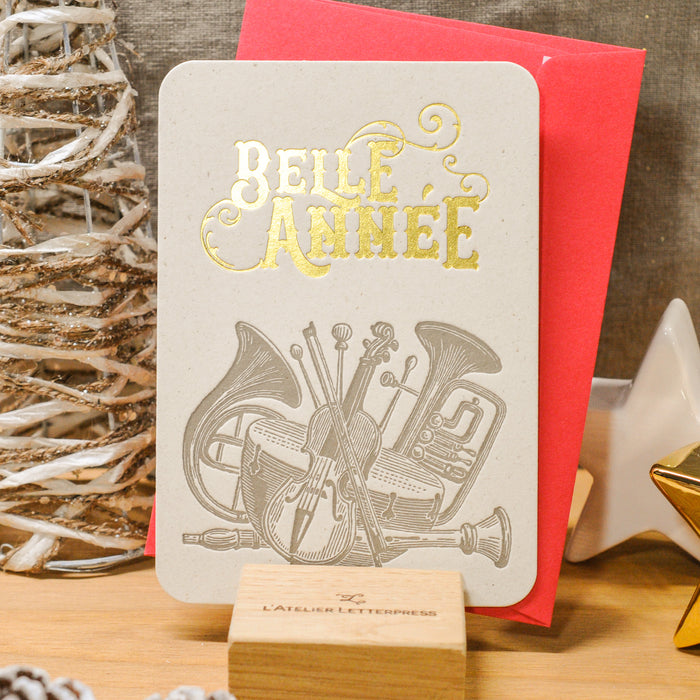 Letterpress Greeting Card Happy New Year Music Instruments (with envelope)