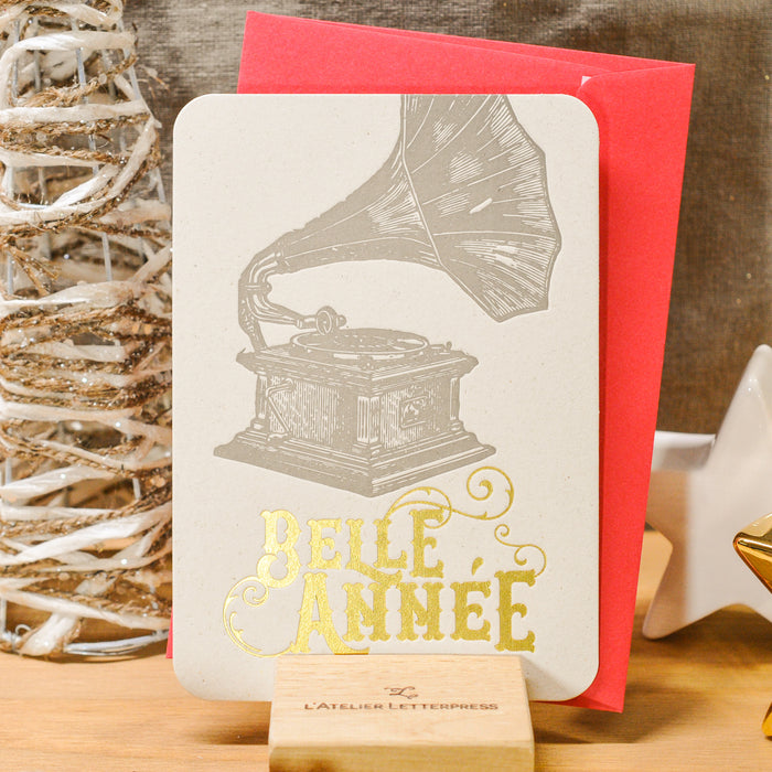 Letterpress Greeting Card Happy New Year Phonograph (with envelope)
